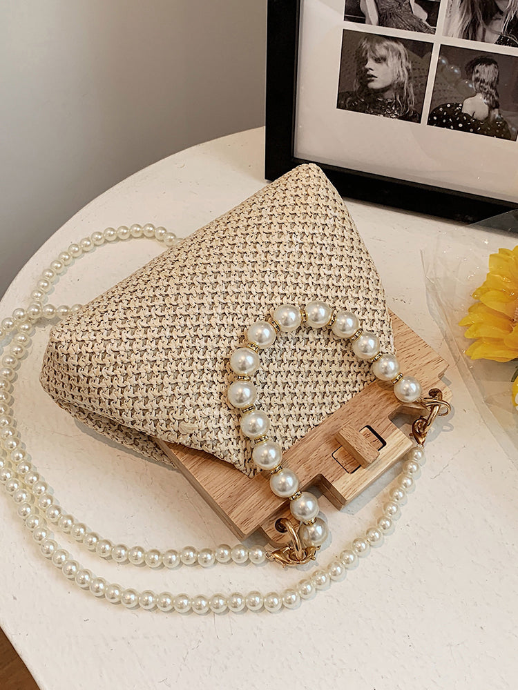 Women's Pearl Decor Twist Lock Straw Bag