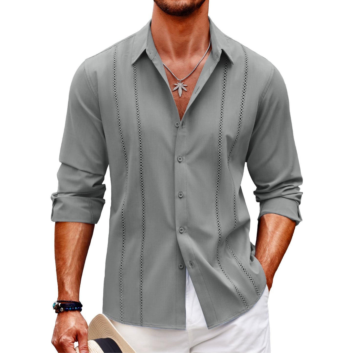 Men's Comfortable Breathable Cuban Casual Button Up Long Sleeve Beach Linen Shirt