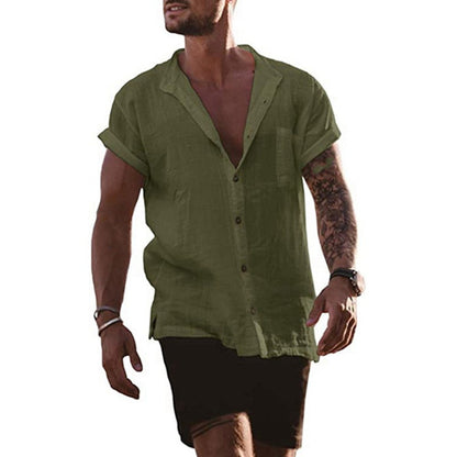 Men's Cotton Linen Solid Loose Short Sleeve Pocket Simple Casual Shirt