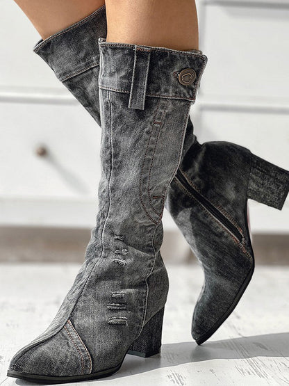 Chunky Heel Denim Boots