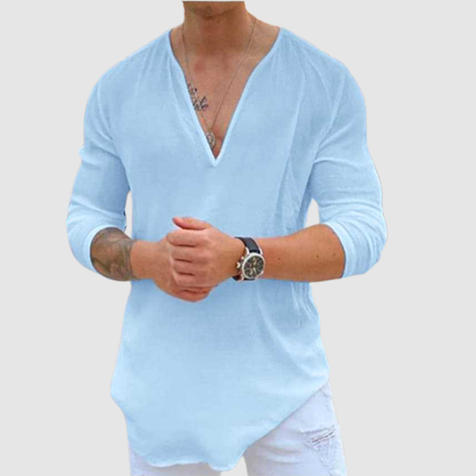 Men's new fashion V-neck casual solid color pure cotton T-shirt shirt