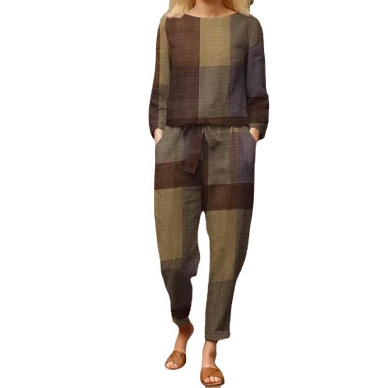 Women's Plaid Long Sleeve Top Casual Pants Two-Piece Cotton And Linen Suit