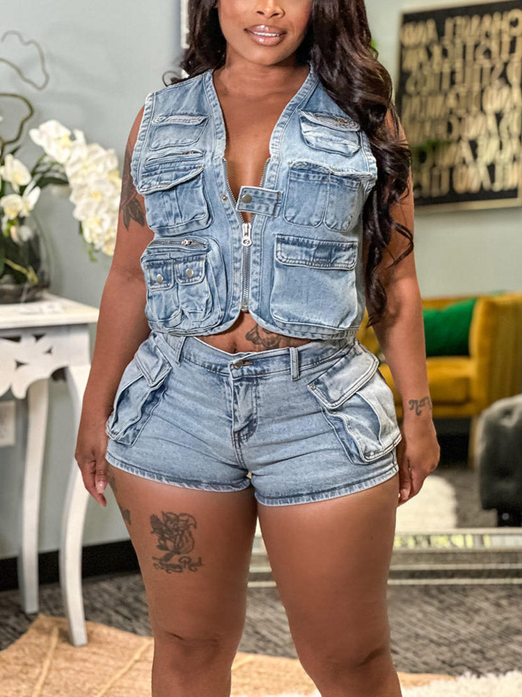 Denim Cargo Vest  Shorts Set