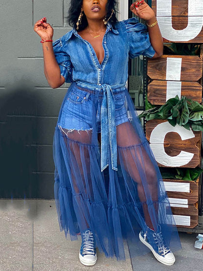 Denim Mesh Tulle Top