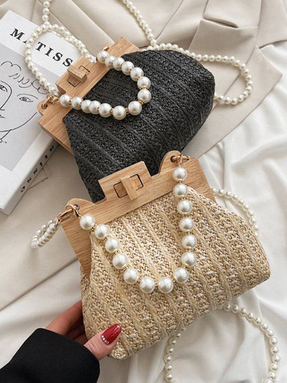 Women's Pearl Decor Twist Lock Straw Bag