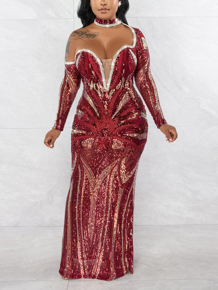 Women's One Shoulder Sequin Maxi Dress