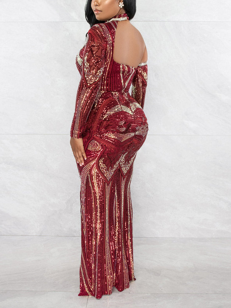 Women's One Shoulder Sequin Maxi Dress