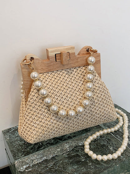 Women's Pearl Decor Twist Lock Straw Bag