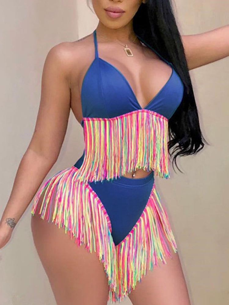 Tassel Design Backless Bikini Swimsuit